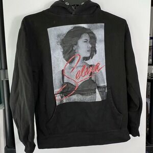 Selena Womens Size M Graphic Hoodie Black Portrait Sweatshirt Cotton Bloom *FLAW